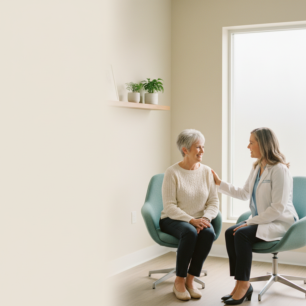 A caring medical professional speaking with an older adult patient